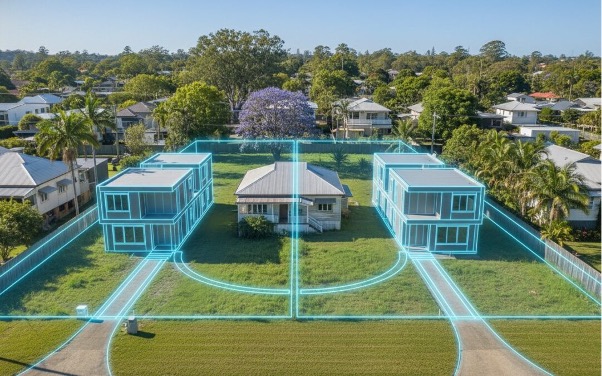 An established Australian house on a single block, shown with two blue duplex outlines marking the subdivision into two separately titled homes