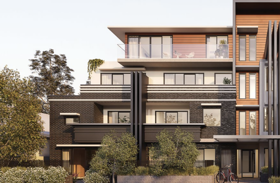 Eye-level view of a modern residential building in a suburban area