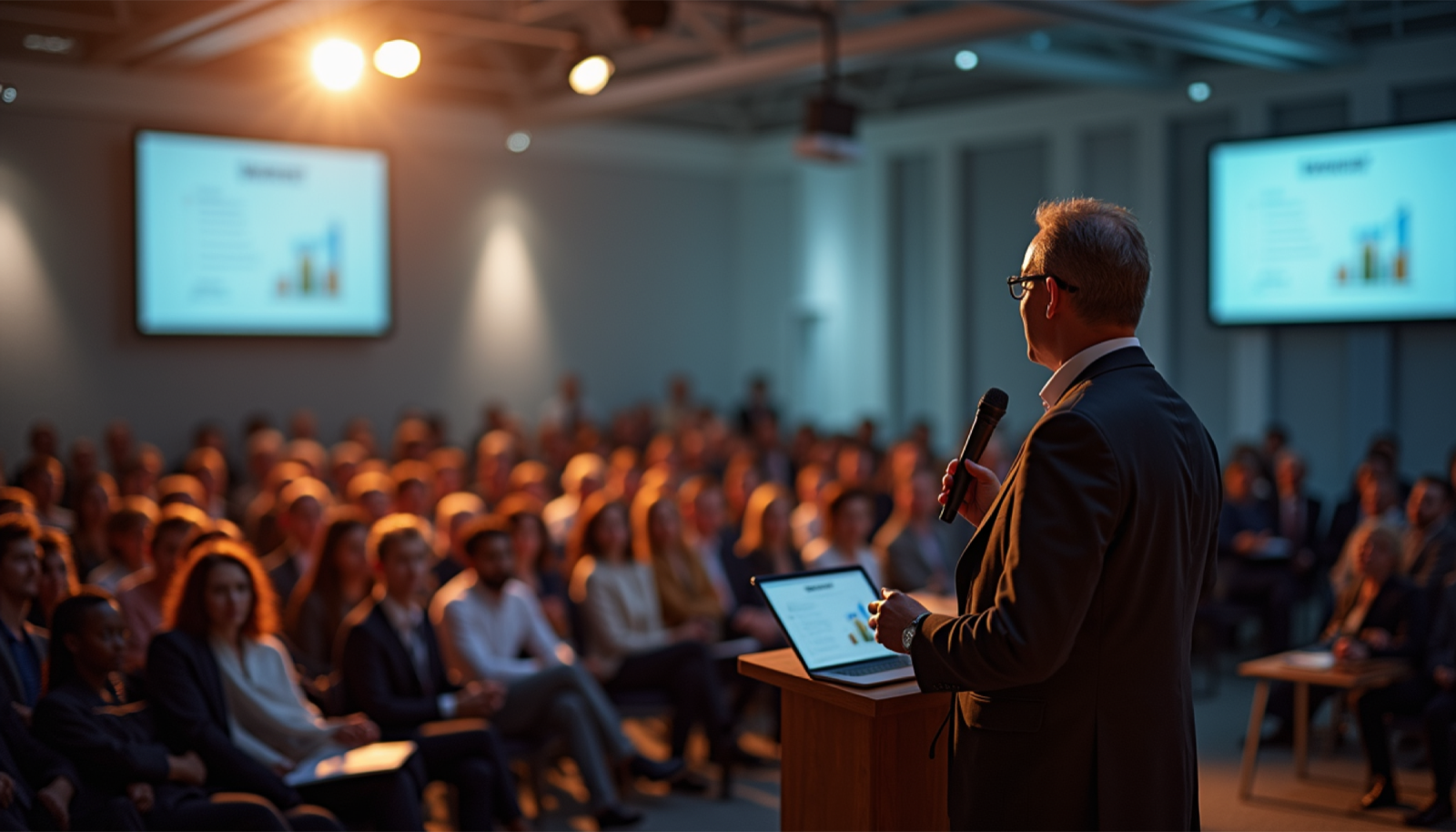 High angle view of a property investment seminar with an expert speaker